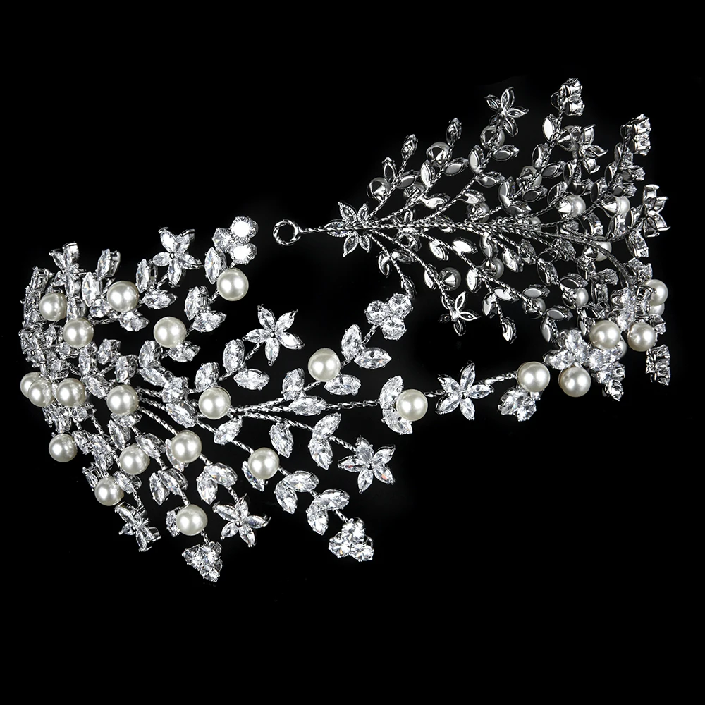 

YCDZSWWL European Style Elegant Pearls Intersperse Wedding Tiaras Women Fairy Crowns Full Crystal Headwear Cz Headbands