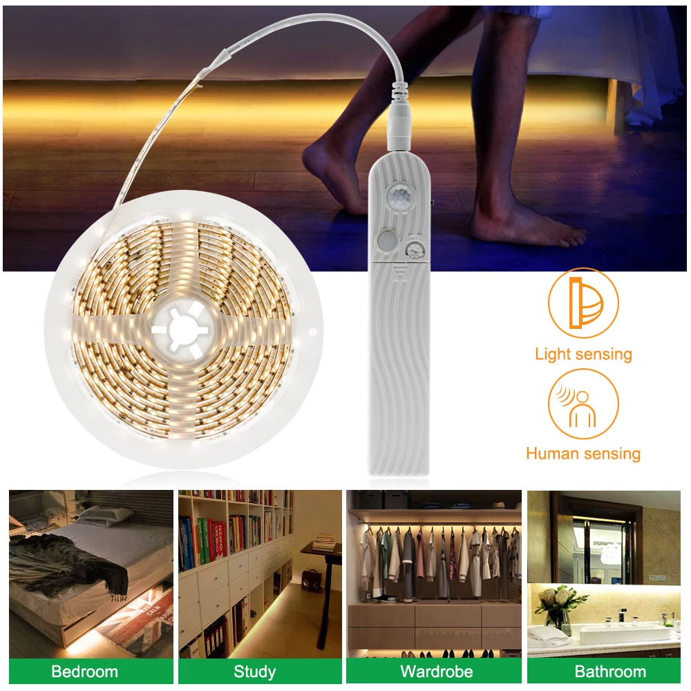 1M 2M 3M PIR Wireless Motion Sensor LED Strip USB5V LED Under Cabinet Light for Kitchen Stairs Wardrobe Bed Night Security Lamp