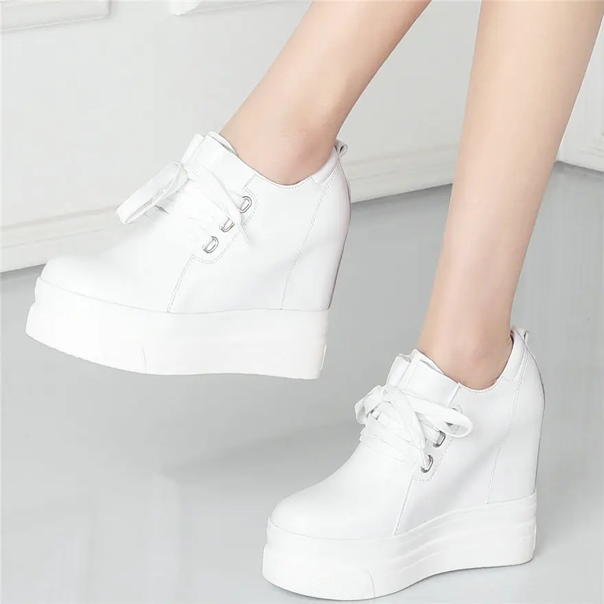 

Punk Trainers Women Lace Up Genuine Leather Wedges High Heel Platform Pumps Shoes Female Round Toe Fashion Sneakers Casual Shoes