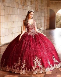 Dark Red Beaded Ball Gown Quinceanera Dresses Gold Beads Sweet 16 Dress Pageant Gowns Vestidos De 15 Anos