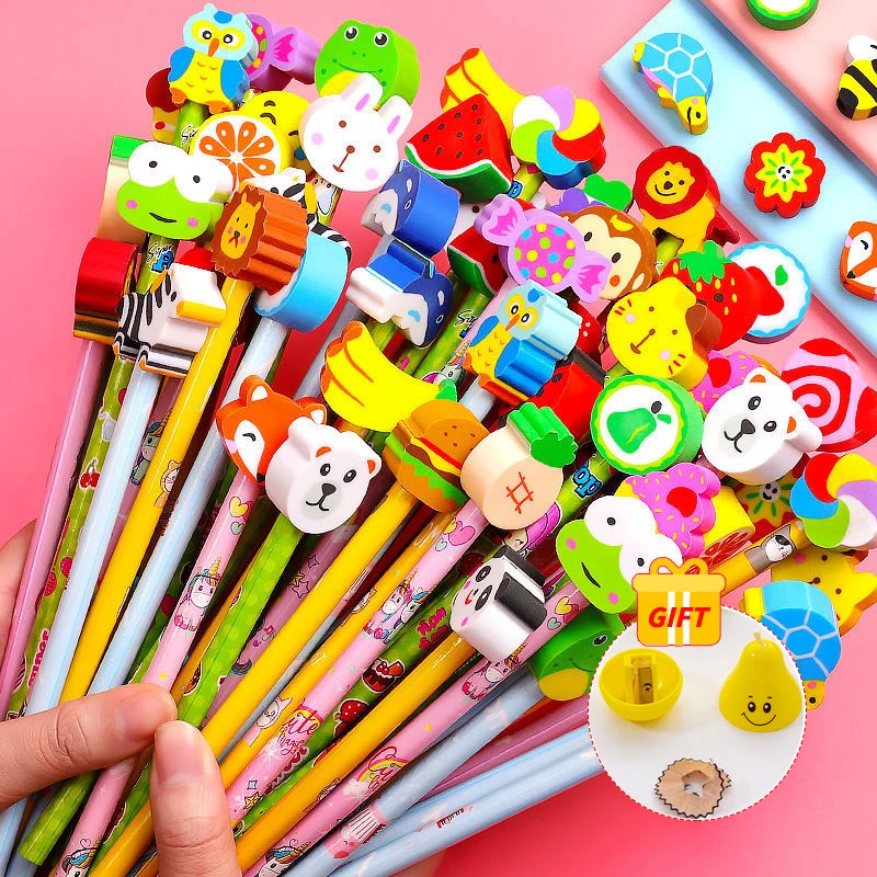 20 Buah/Lot Pensil HB Kartun Lucu dengan Kepala Penghapus Kawaii untuk Alat Tulis Anak-anak Pena Tulis GAMBAR Perlengkapan Sekolah