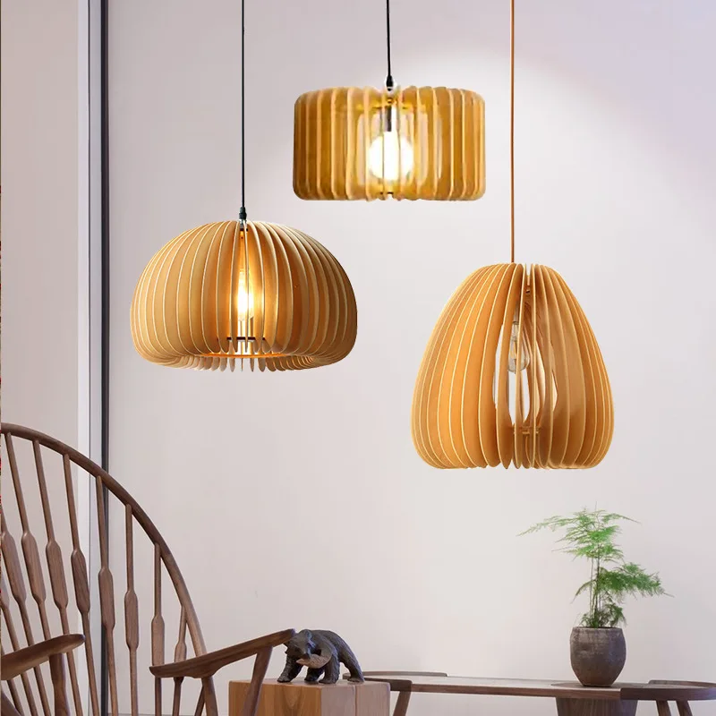 

Minimalist Wood Art Ceiling Pendant Lights for kitchen Atmosphere Basswood Creative Restaurant Lamps Medieval Pumpkin