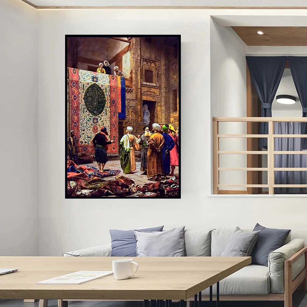 Gerome Famous Artwork Arab Carpet Merchant Oil Painting Print on Canvas Poster Porch Wall Art Picture Living Room Decor Cuadros