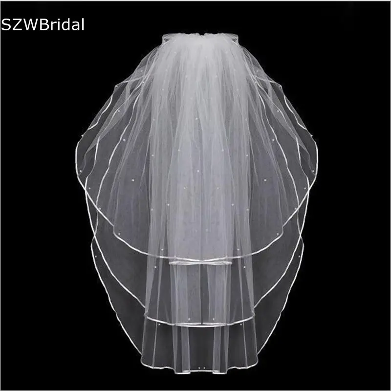 White Ivory Wedding veils Beaded Pearls Three Layer Cheap Bridal Veil Matrimonio Boda Wedding accessories 2025 mariage