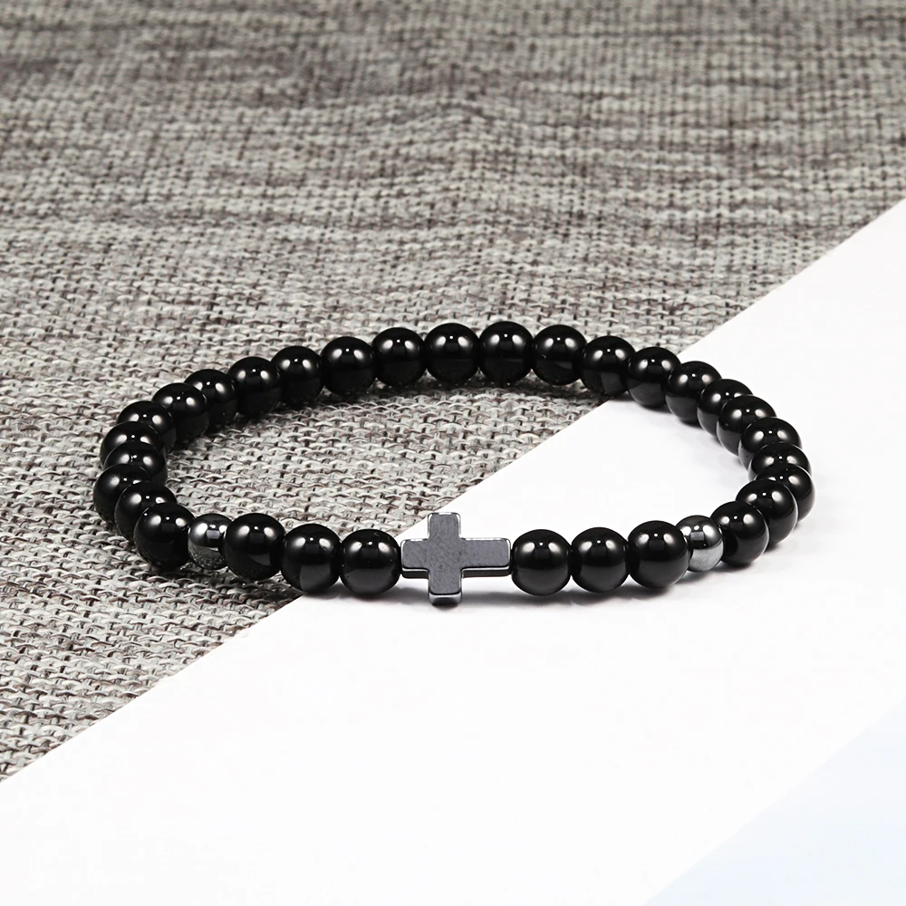 Hot Fashion Cross Charm Bracelet For Men Women Handmade Beaded Natural Tiger Eye Bracelets Yoga Prayer Jewelry Gift Homme