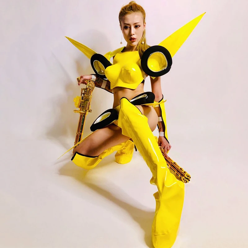 Nightclub Bar Dj Ds Stage Costumes Women Cosplay Party Clothes Sexy Yellow Female Warrior Suit Rave Performance Wear DN6358-1