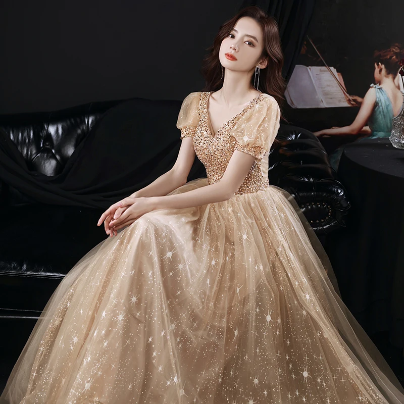 

Exquisite Sweetheart Collar Prom Dress Women's Champagne Gold Sequins Long Party Gowns 2022 New Back Lace-UP Ball Gown Vestido