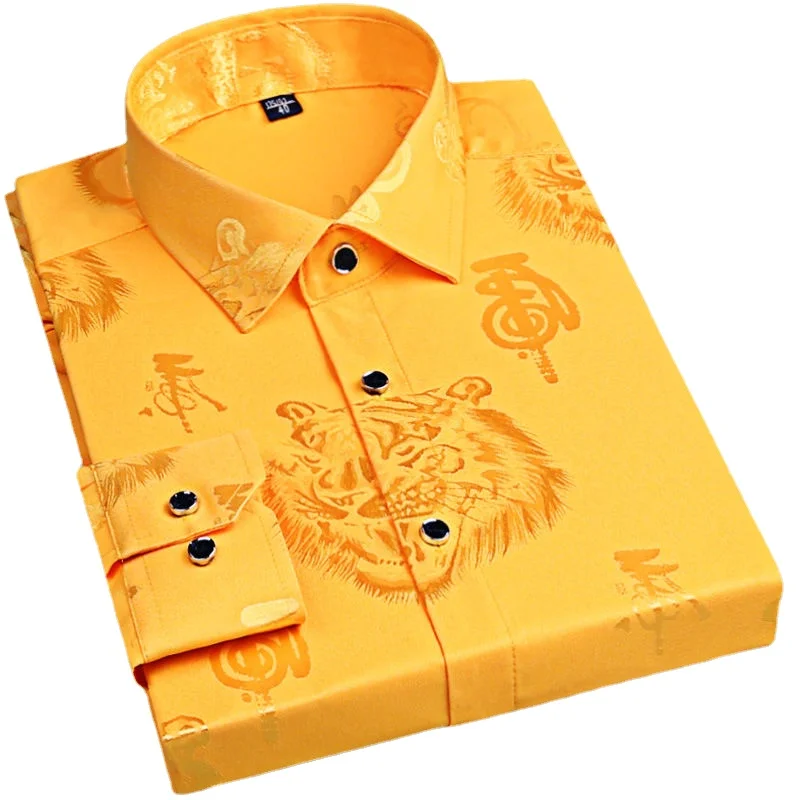 Spring Men\'s Long-sleeved Shirt, Tiger Print Orange Lapel Single-breasted Top Hanfu  Slim Fit  Shirt Men  Japanese Fashion