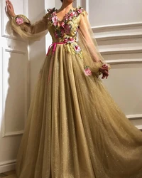 Champagne Moroccan Evening Dresses A-line Long Sleeves Tulle Appliques Long Luxury Turkey Dubai Saudi Arabia Prom Dress Gown