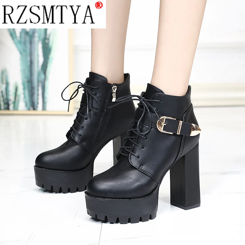 PU Leather Platform Ankle Strap Boots High Heels Women\'s Zip Spring Autumn Shoe Women Chaussures Femme Western Motorcycle Boots