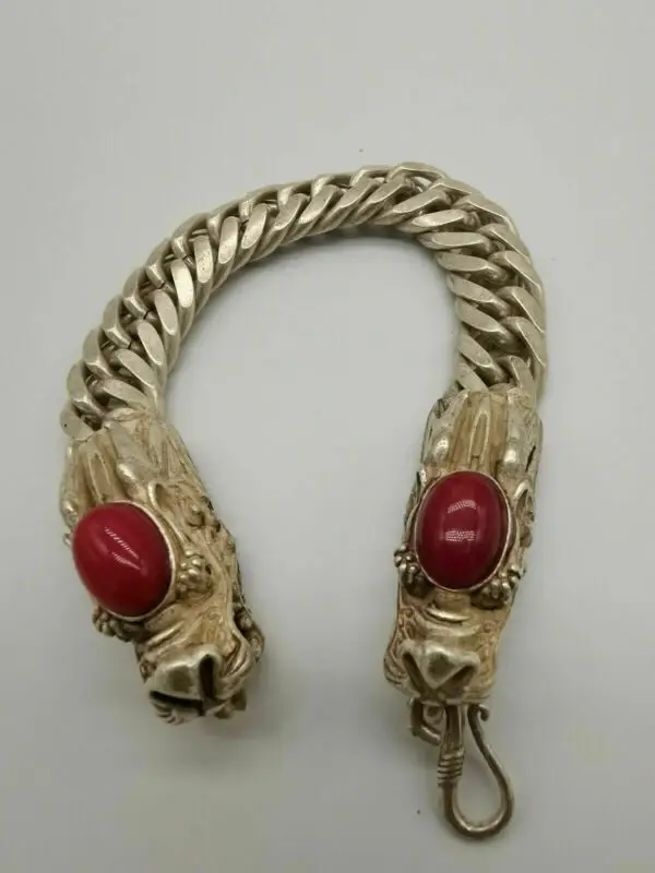 

Old Chinese Tibetan Silver Inlaid red jade hand-carved Dragon head Bracelet