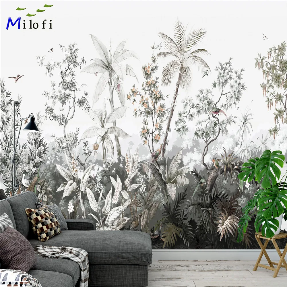 

Milofi customized 3D wallpaper hand-painted medieval mural tropical forest rain plant coconut tree TV decorative painting