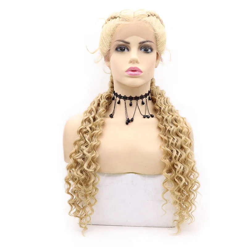 

28" 100% Hand Swiss Braid Wigs Lace Front Wigs for Women Synthetic Lace Front Dutch Twins Braid Wigs with Baby Hair Curly Ends