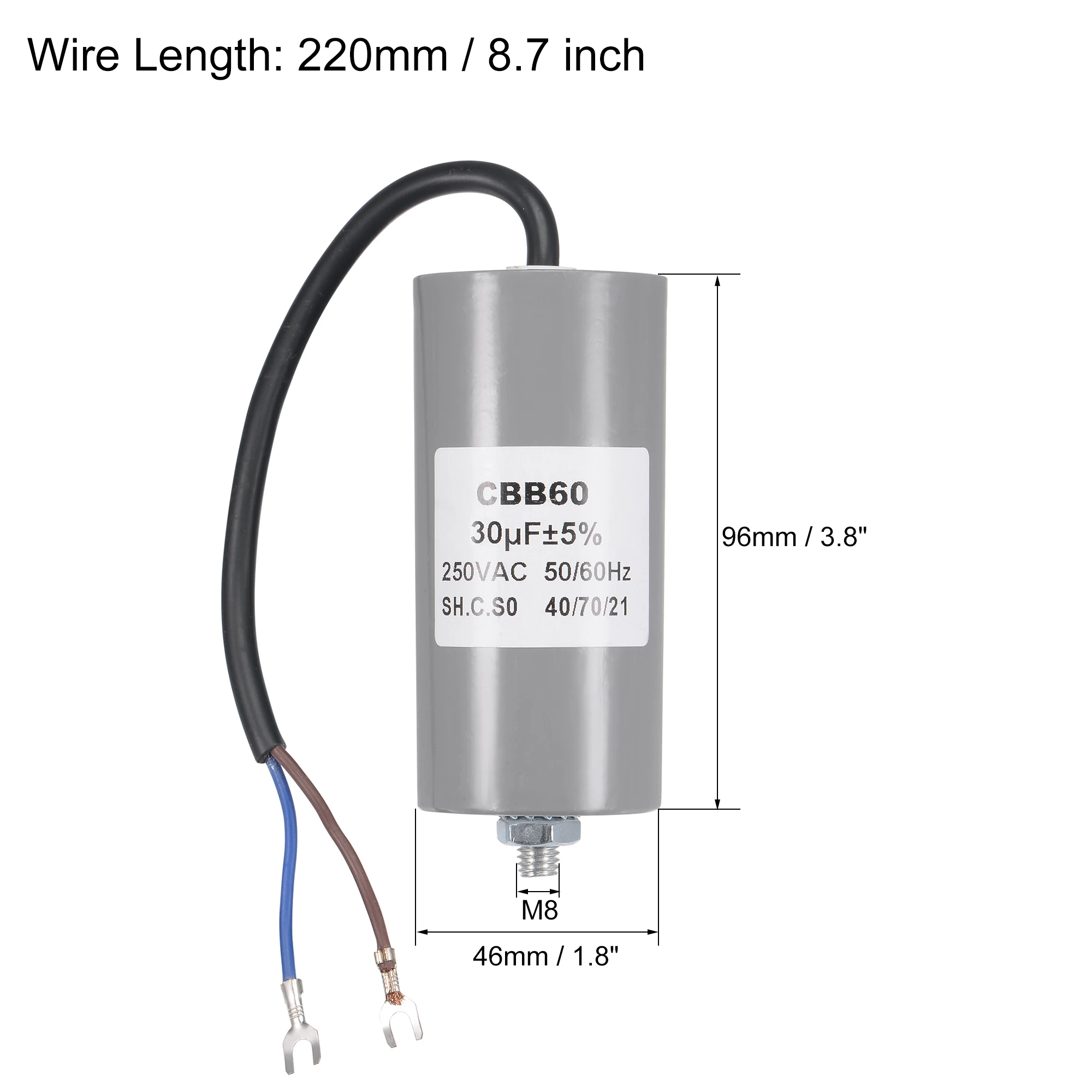 Uxcell CBB60 Kapasitor Lari 30UF 250V AC 2 Kabel 96X46Mm dengan Terminal Kancing Penguat M8