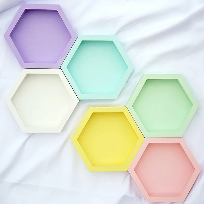 Wood tray handmade hexagon cake tools for party decoration perfume makeup Geometric  storage plate sweet table