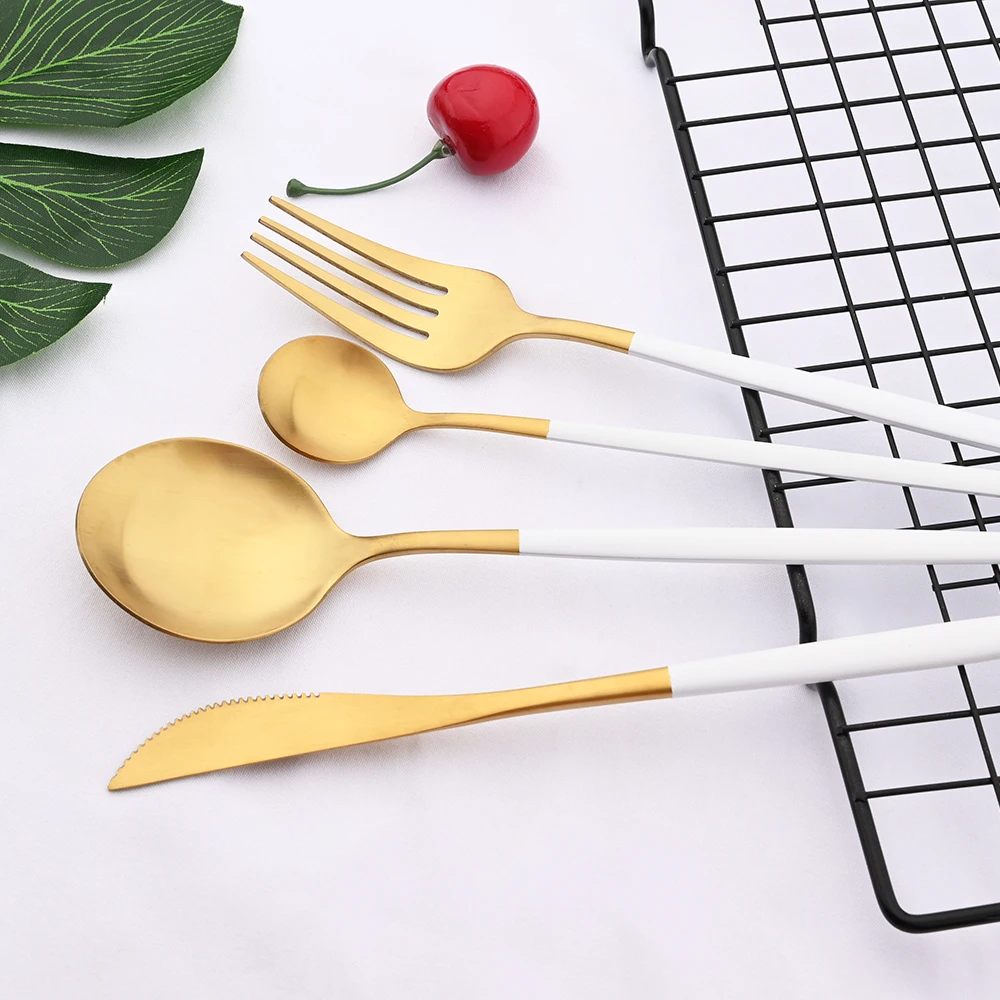 4/20Pcs Dinnerware Matte White Gold Cutlery Set Stainless Steel Flatware Set Knife Fork Spoon Wedding Kitchen Silverware Set