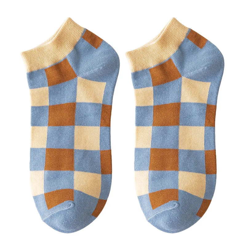 Ankle Socks Women Elegant Cotton Plaid Stripe Pattern Patchwork color Blue White Short Sock Casual Hajuruku Streetwear Cute Sox image 5