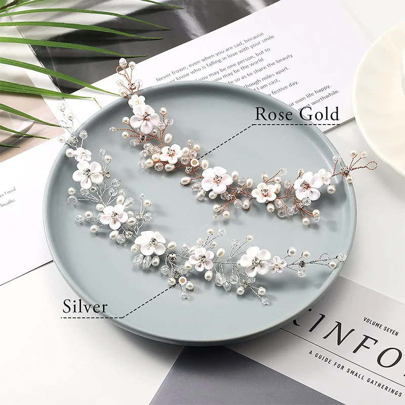 Silver Color Headband Soft Pottery Flower Crystal Headpieces Long 2 Colors for Woman Elegant Hair Accessories Wedding Jewelry