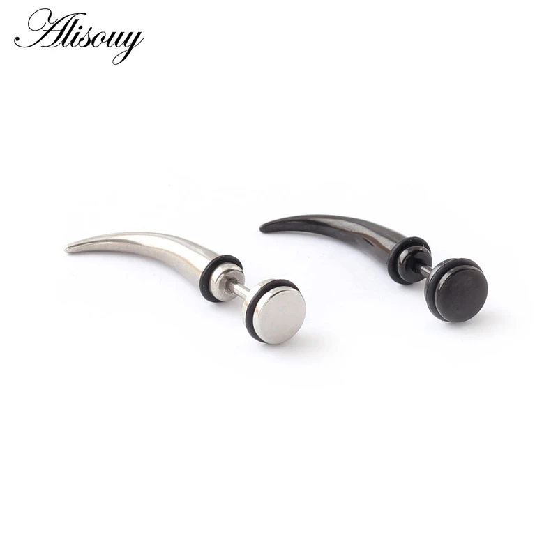 Unique Silver color Black Stainless Steel Horn Cone Spike Tip Women Men Ear stud Earrings 2pcs