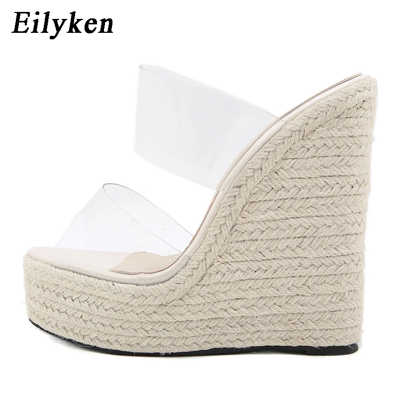 Eilyken Summer PVC Transparent Peep Toe Cane Straw Weave Platform Women Wedges Slippers Sandals Fashion High Heels Female Shoes