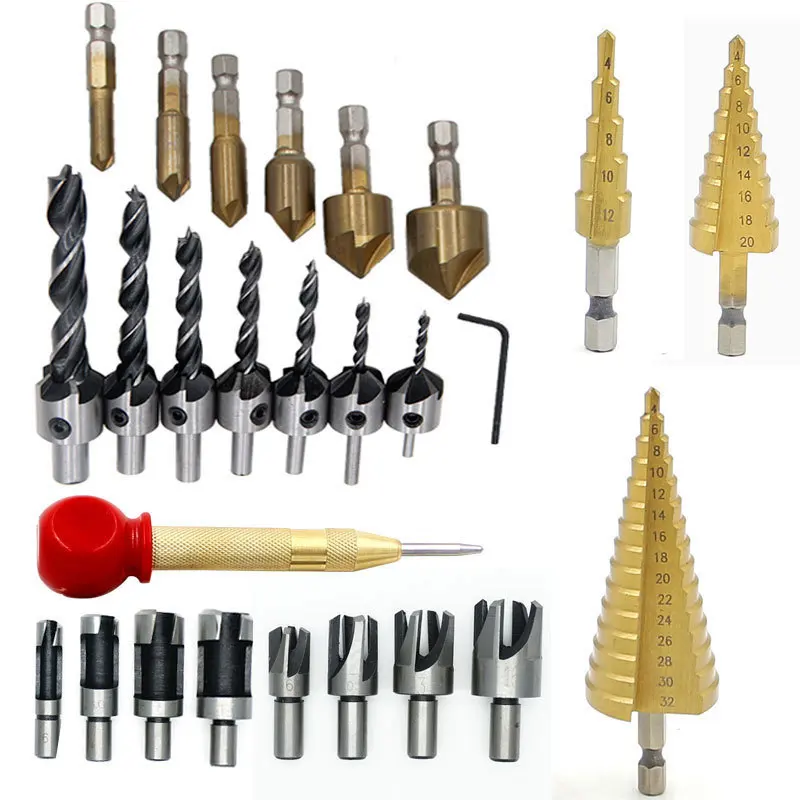 

26 Pcs Woodworking Chamfer Drilling Tools Drill Bits Set Wood Plug Cutter Three Pointed Countersink Drill Bits With L-Wrench