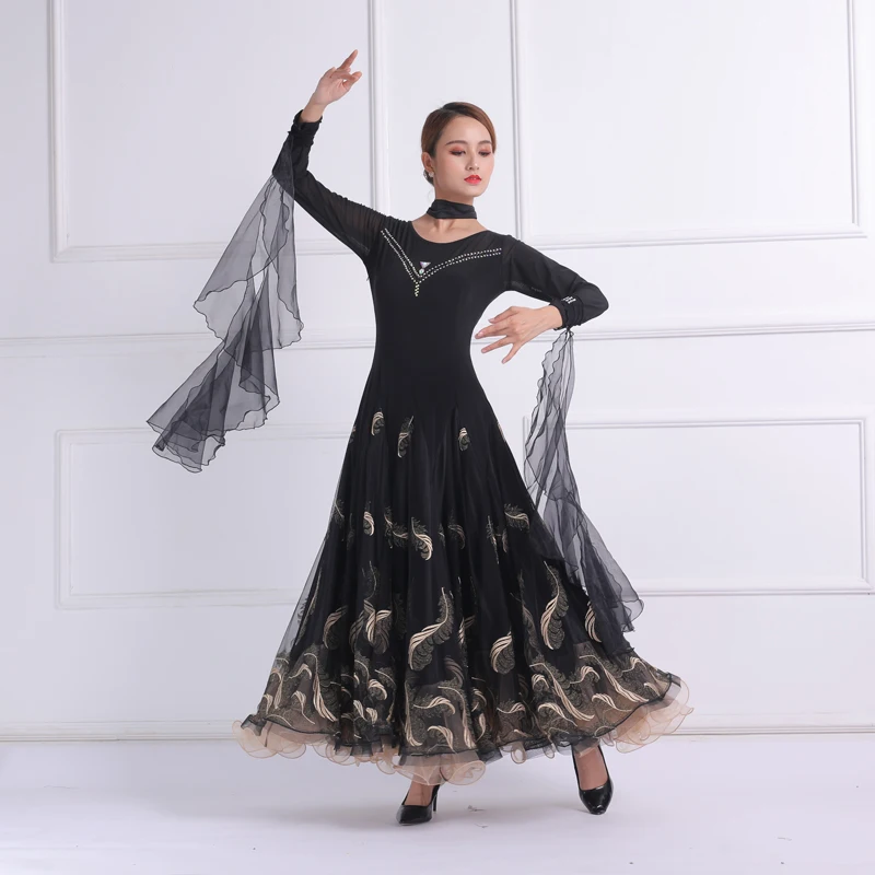 Vestido de dança padrão para mulheres, vestido preto de competição, traje de dança, vestido flamenco para senhora, novo