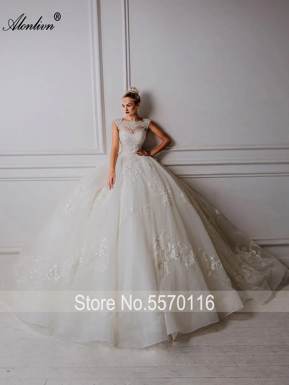 Alonlivn ปรับแต่งคําหรูหรา O-Neck Tulle Applique แขนกุดชุดเจ้าหญิง Elegant Lace Up ยาว Train ชุดเจ้าสาว