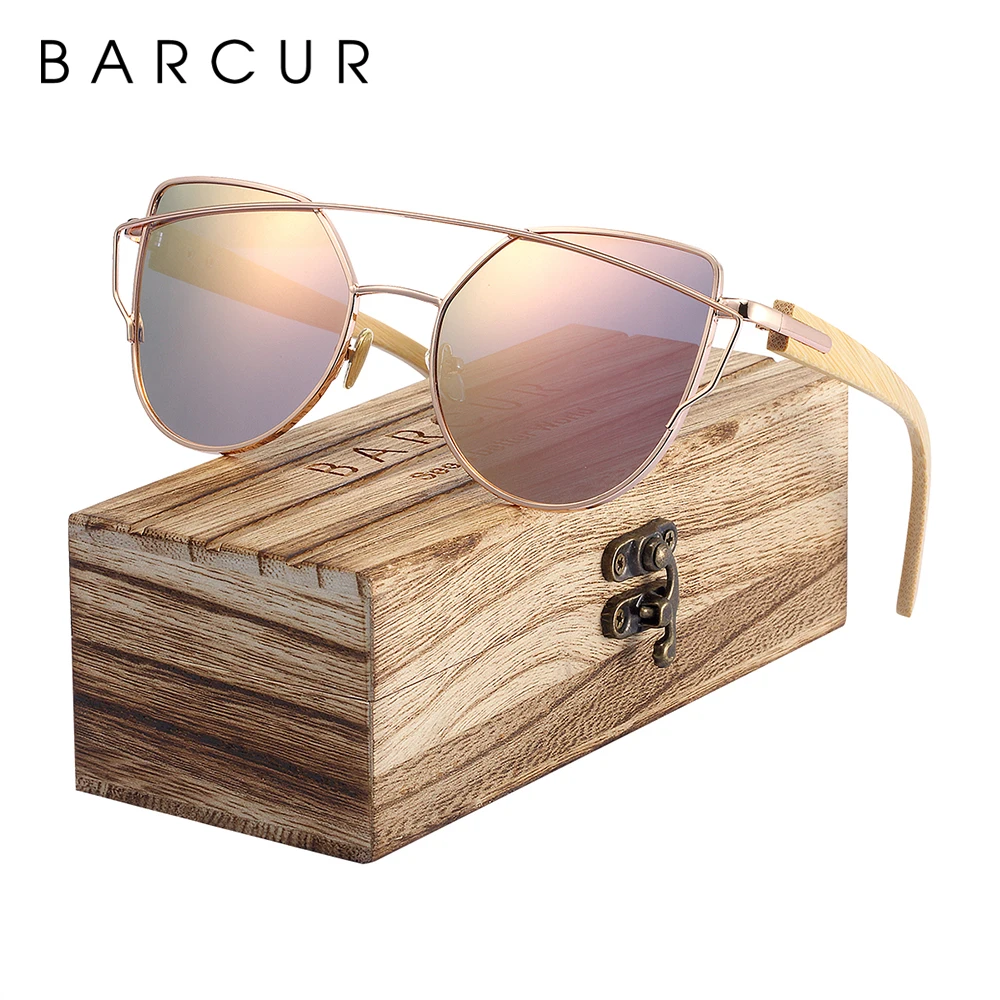 BARCUR Bamboo Cat Eye Sunglasses Polarized Metal Frame Wood Glasses Lady Luxury Fashion Sun Shades With Box Free