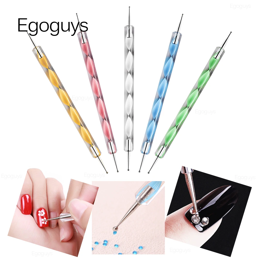 5PCS Colourful Double-end Acrylic Steel Dotting Pen Rhinestones Picker Picking Nail Art Brush Embossing Screw Swirl Studs Dotter