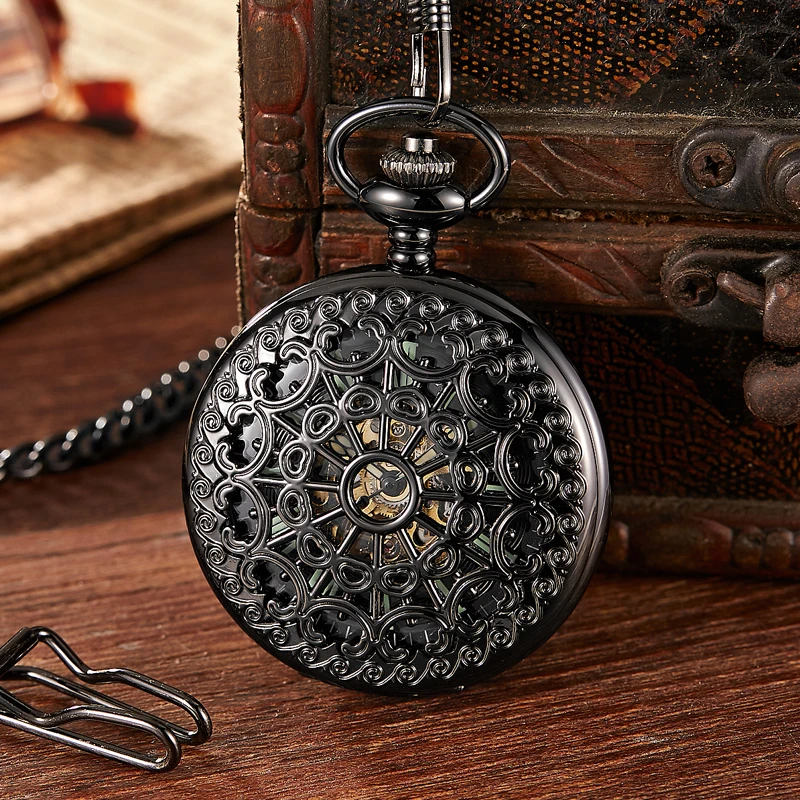 Luminous Flower Mechanical Vintage Hollow Skeleton Pocket Watch Black Round Dial Antique Pendant Clock Retro Gifts Men Women