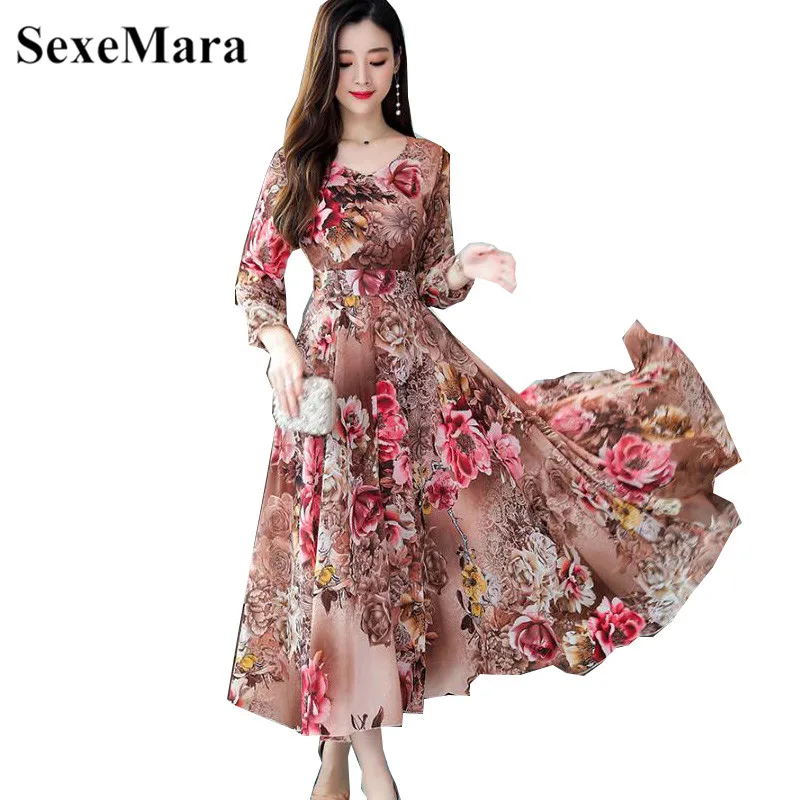 

Long-Sleeved Chiffon Dress 2022 spring Autumn New Women's Large Size Chiffon Floral Fashion Temperament Waist Long Dress Female