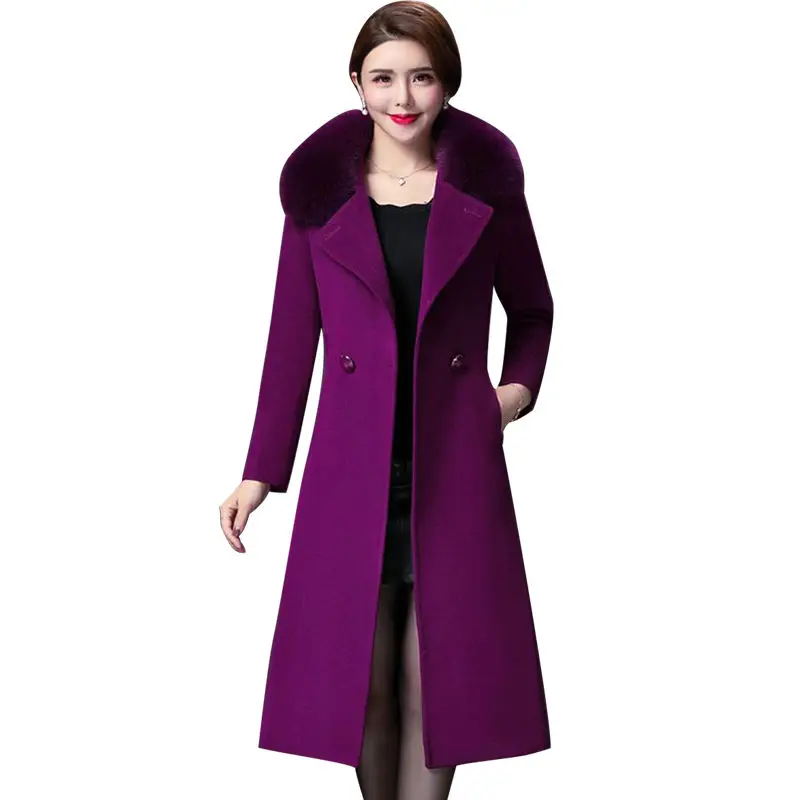 

High Quality Big Fur Collar Woolen Coat Women Belt Knee-Length Double Breasted Mid-Long Woolen Jacket For Autumn Winter Outcoat