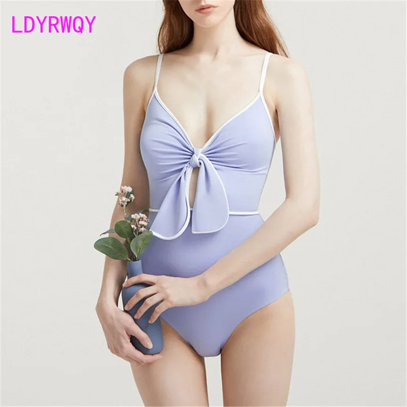 2021 new bow knot one-piece bikini women ins wind retro sexy slim high waist swimsuit women