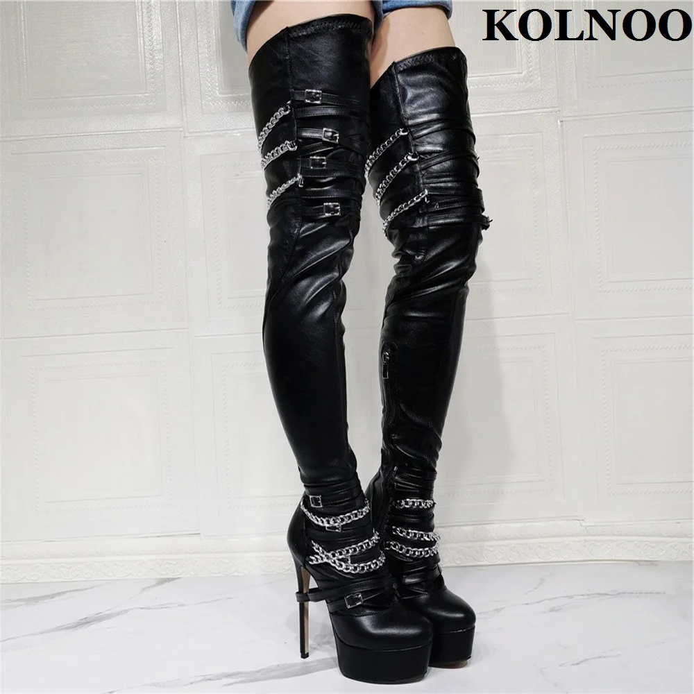 

Kolnoo New Classic Handmade Ladies Over Knee Boots Buckles Chains Sexy Platform Thigh-high Boots Evening Fashion Winter Shoes