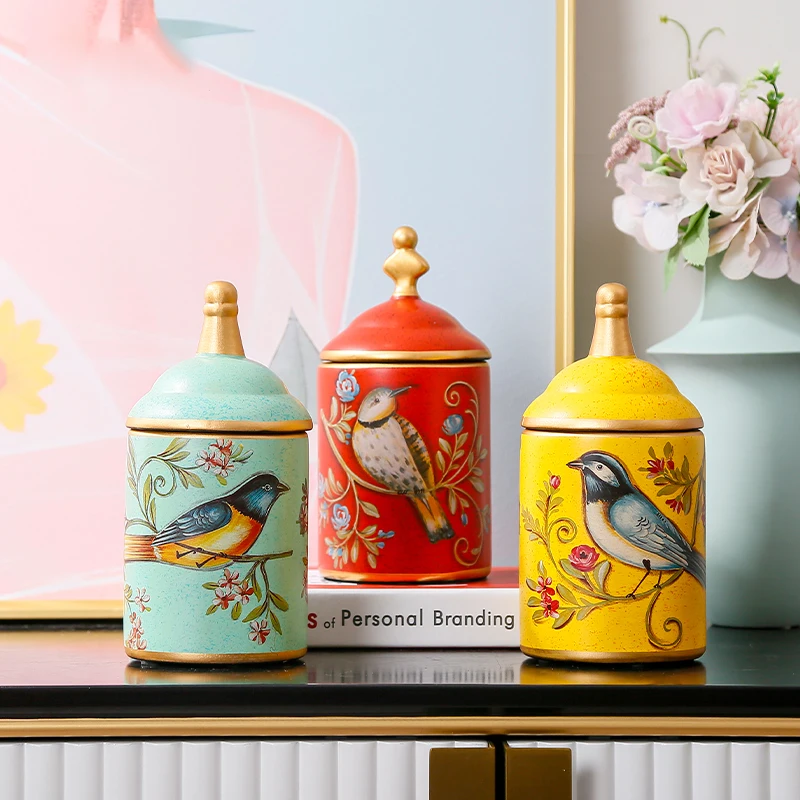 

American Ceramic Storage Tank Pastoral Bird Printing Utensil Multifunction Tea Coffee cup Painted Ceramics With Lid Jewelry Box