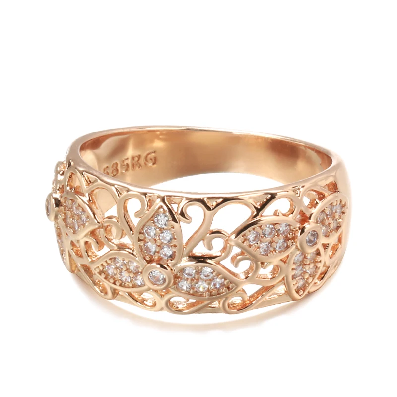 Kinel Nieuwe 585 Rose Gouden Ringen Voor Vrouwen Natuurlijke Zirkoon Bloem Ring Vintage Bruid Bruiloft Fijne Sieraden Party Gift