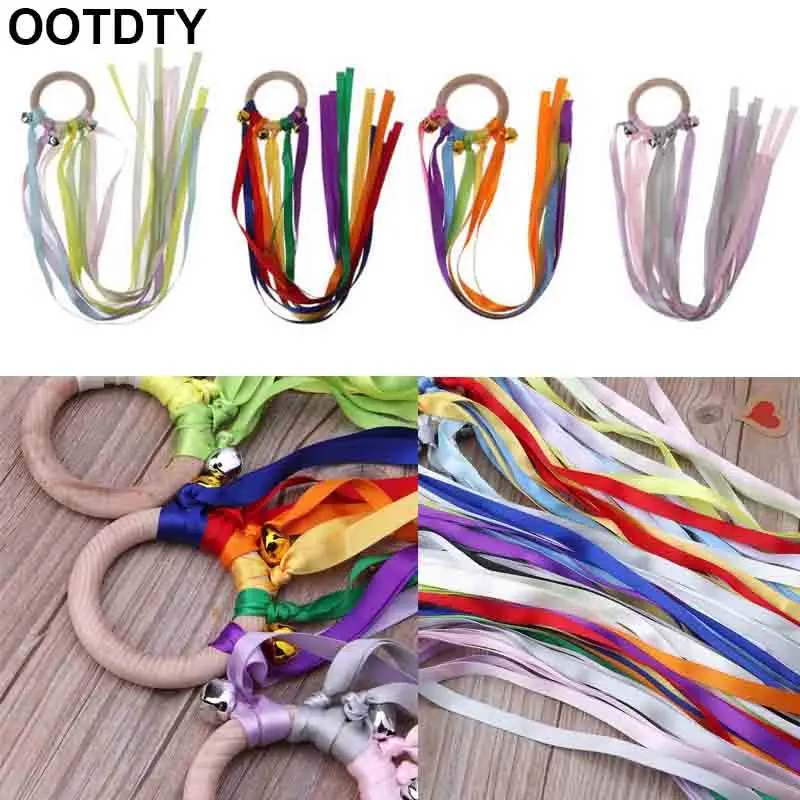 Rainbow Natural Wooden Ribbon Rattle Ring Baby Teether Newborn Montessori Style Sensory Toy Shower Gift Length 48.5cm