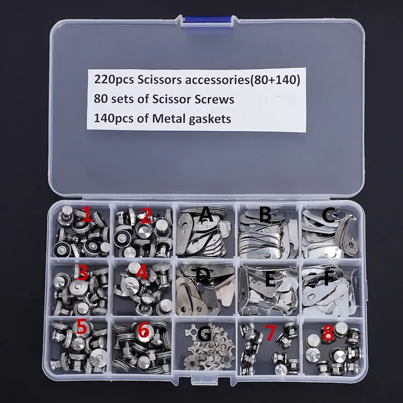 220PCS/BOX Mixed Sizes Metal Screws & Gaskets, Hair Scissor Repair Accessories Kit for Hairdressing Salon