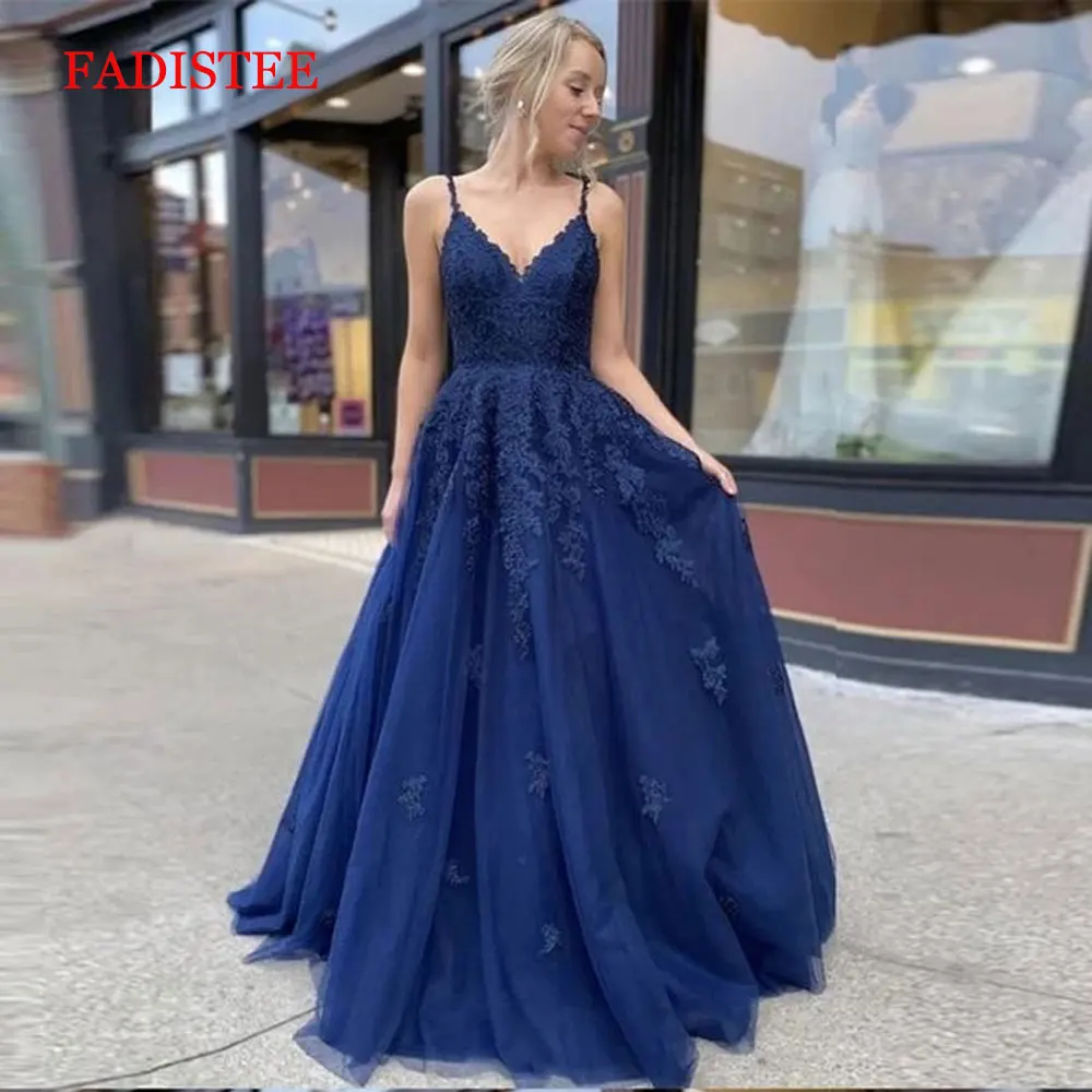 Lace Navy Blue V-neck Vestidos De Fiesta Noche Prom Party Evening Dresses Robe De Soiree Gown Frock Long Soft Tulle Lace-up