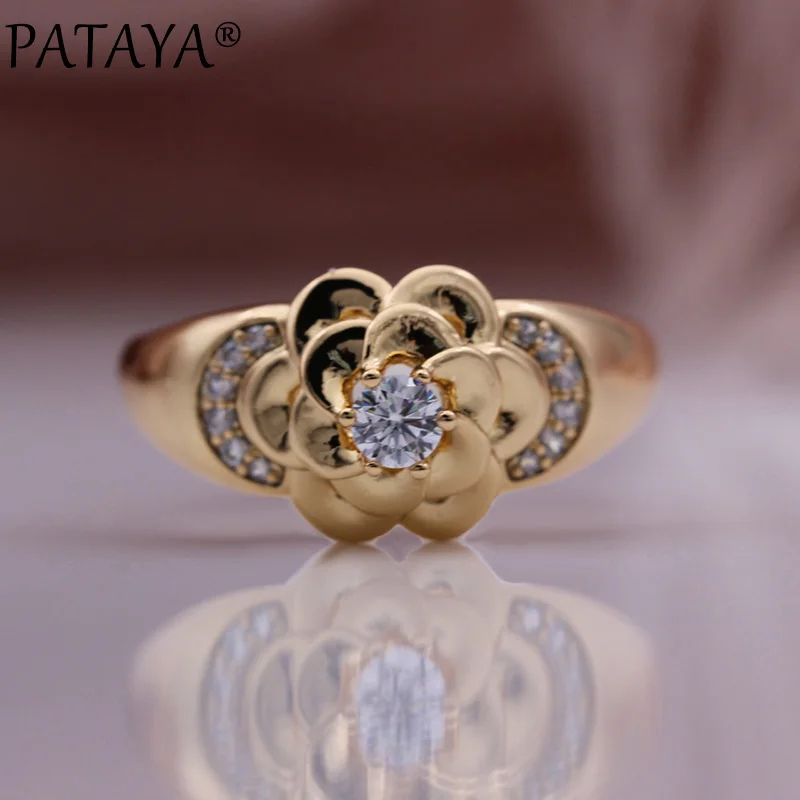 PATAYA New Metal Flower Earrings Ring Set 585 Rose Gold Color Wedding Creative Fashion Jewelry Natural Zircon Unusual Women Sets