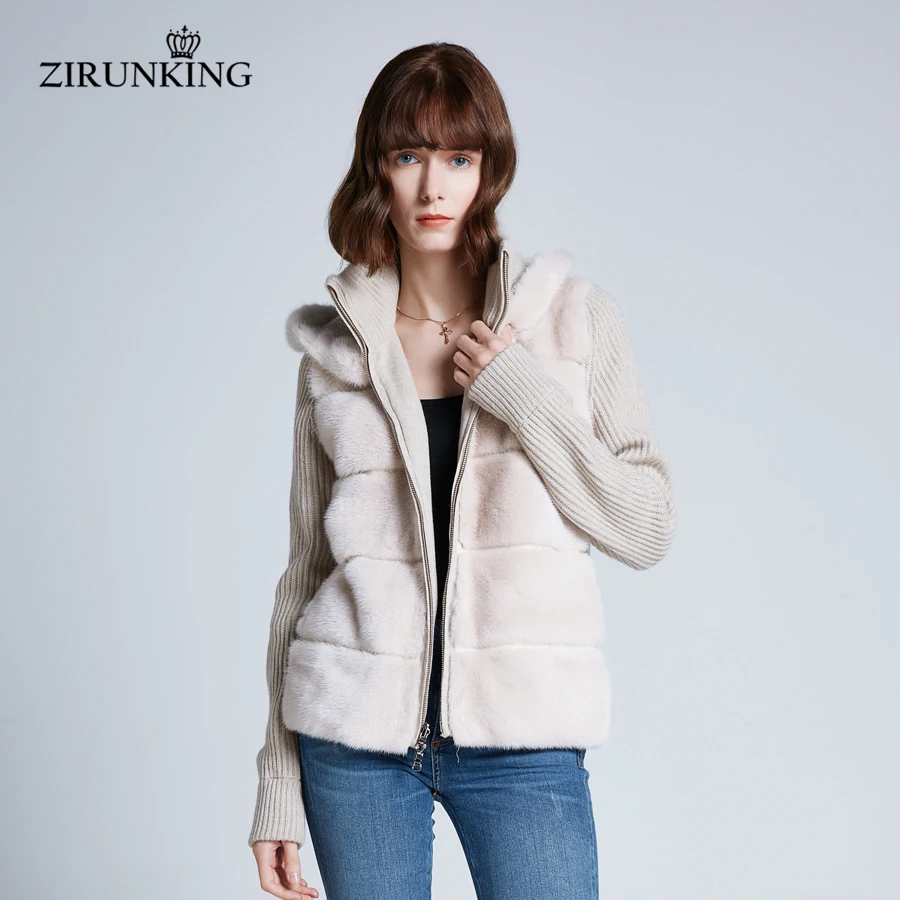 ZIRUNKING Women 2020 New Reversible Real Mink Fur Coat Lady Hooded Fashion Woolen  Female High Street Jacket Outerwear ZC1930