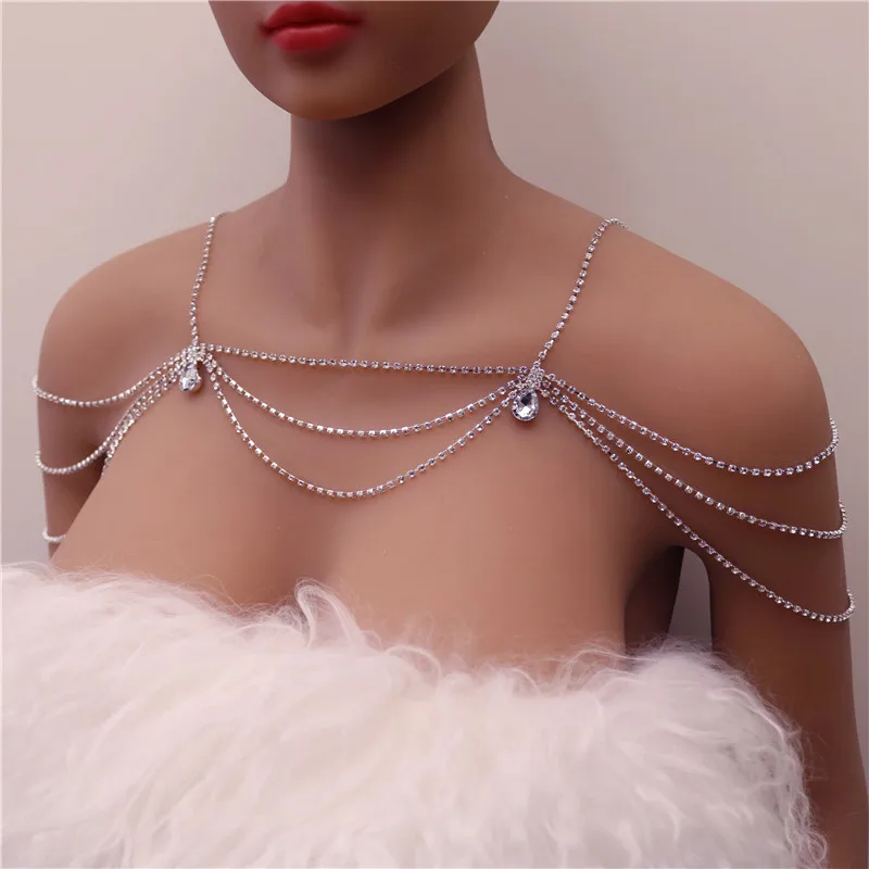 Fashion Unique Rhinestone Shoulder Chain Wedding Bridal Jewelry Sexy Shoulder Body Chain Bling Crystal Water Drop Necklace