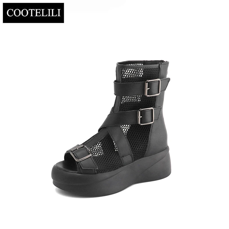 COOTELILI Woman Sandals Women Fashion Black Sandalias Breathable Mesh 5cm Heel Shoes Platform Buckle Sandale Womens Sandal Zip