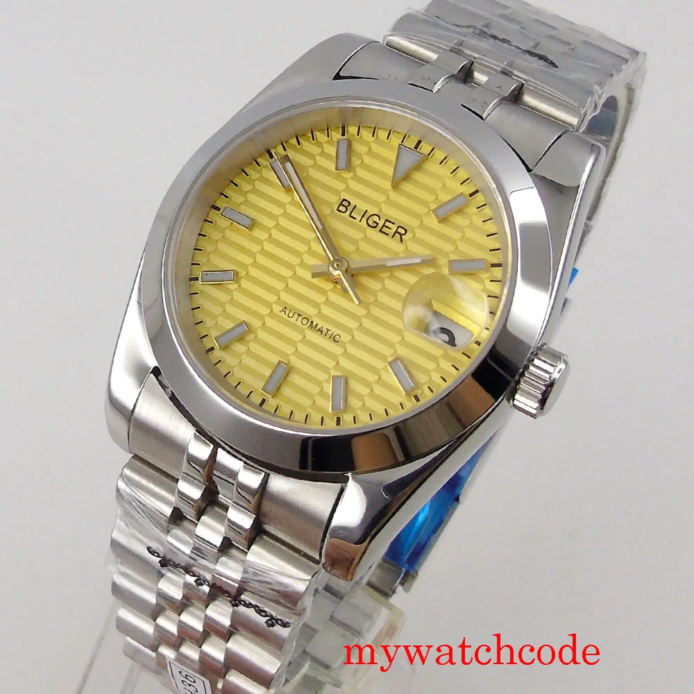 36mm/39mm Bliger Yellow textured  Luminous Dial New 24 Jewels NH35A Automatic Mens Watch Sapphire Crystal Jubilee Strap