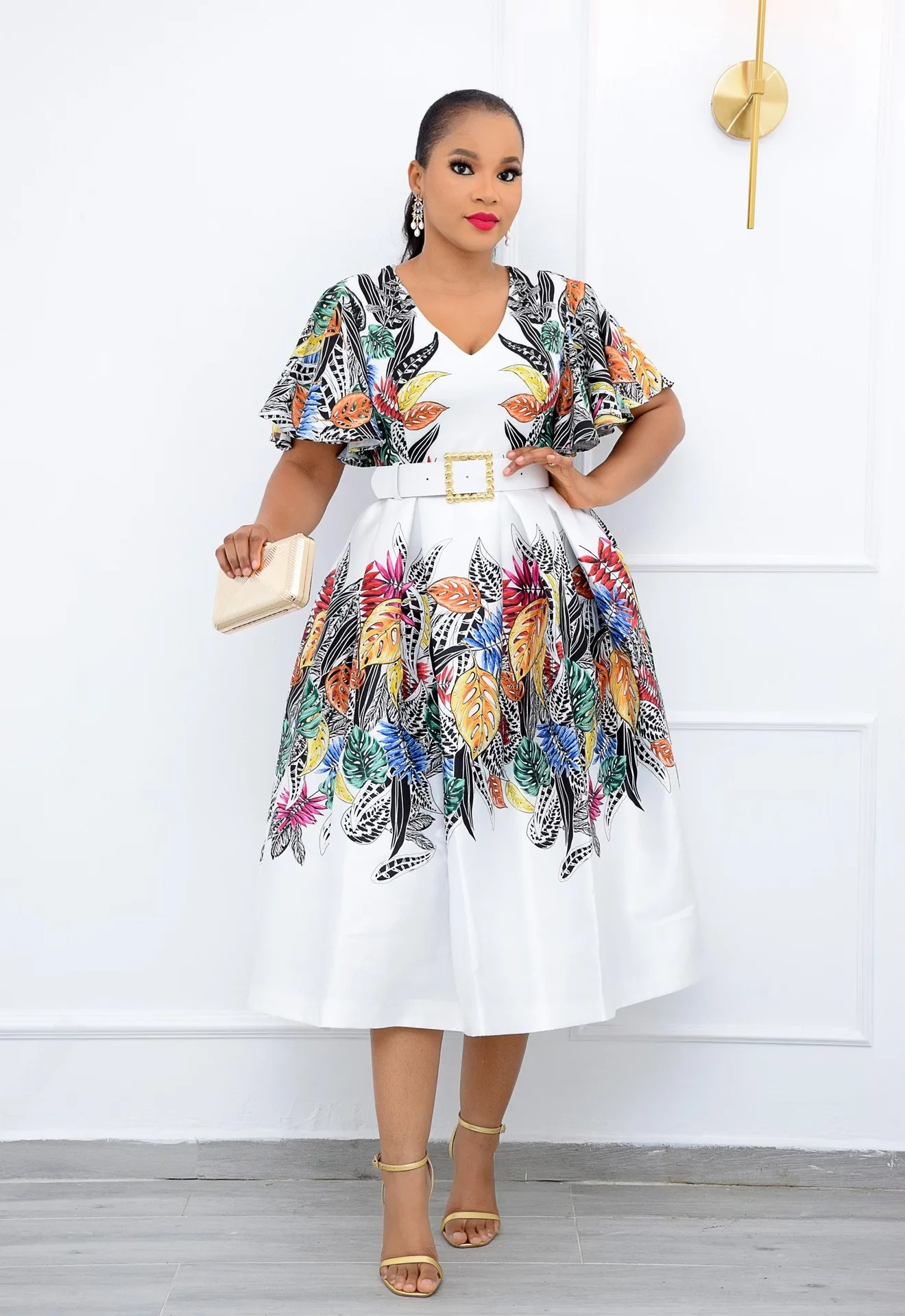 African Dresses for Women Summer African Women Short Sleeve Printing V-neck Polyester Dress African Clothes Women No Belt