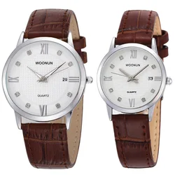 Top Brand Luxury Gold Couple Watches WOONUN Lovers Leather Strap Rhinestone Quartz Couple Watches Set Vestidos De Lujo Cinturon