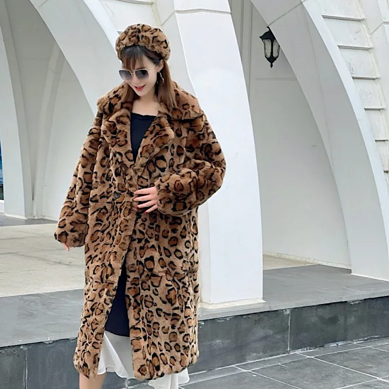 2022 New Winter Women Real Rex Rabbit Fur Coats Off Season Fashion Long Leopard Overcoat Simple Warm Ladies Outerwear Street