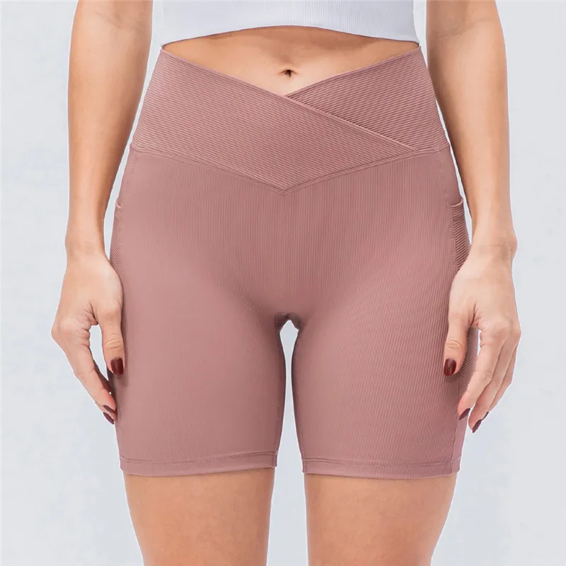 Fitness Women Sports Short Ribbed Front Waist Cross Side Pocket Peach Hip Squat Proof High Waist Yoga Legging Short Gym Cycliing