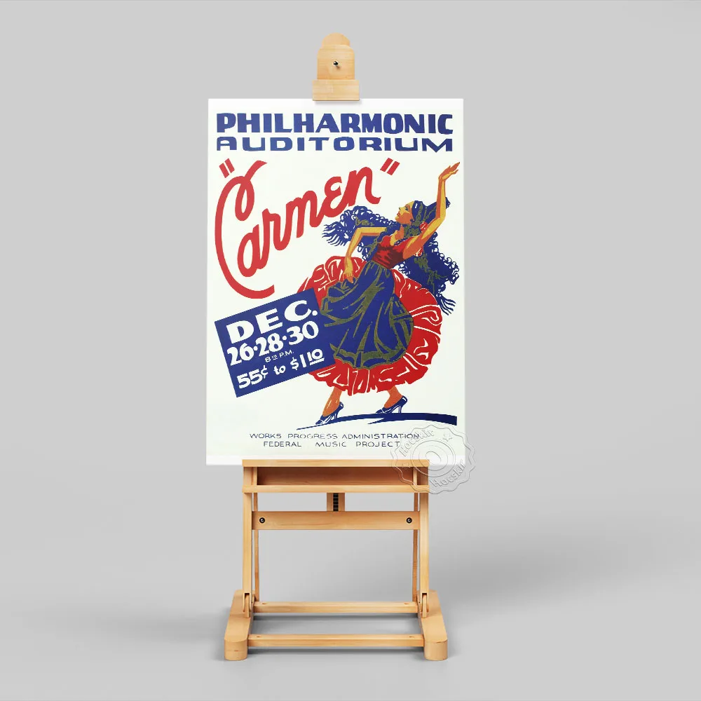 1939 Philharmonic Auditorium Carmen Poster, Dance Federal Music Project Canvas Painting, Vintage Art Red Blue Home Wall Decor