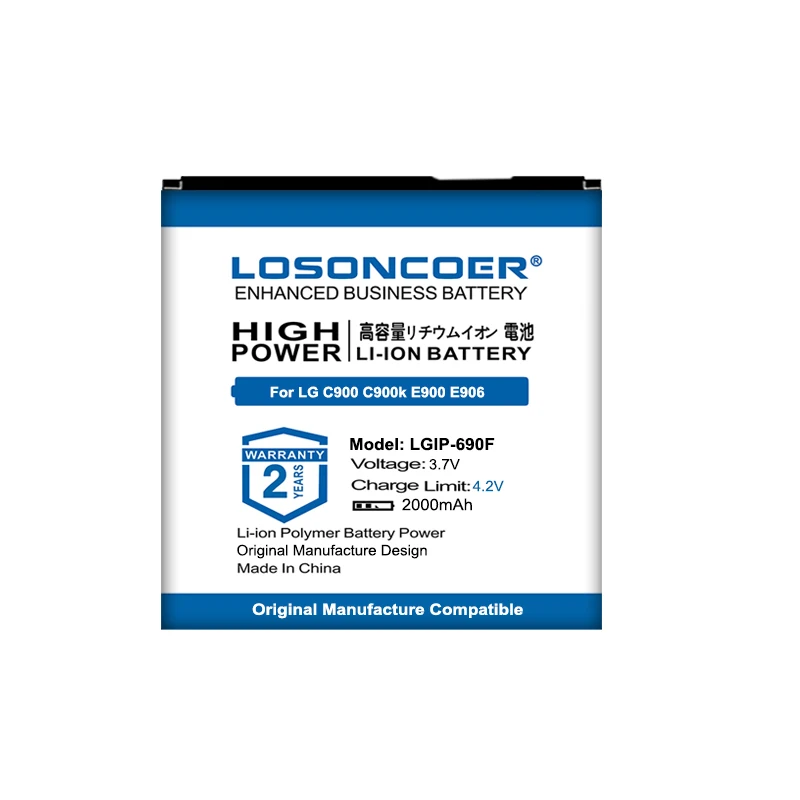 LOSONCOER-Batería de LGIP-690F para teléfono móvil LG, Pila de 2000mAh para LG C900 C900k E900 E906 Jil Sander LU3000 Optimus 7 7Q, disponible